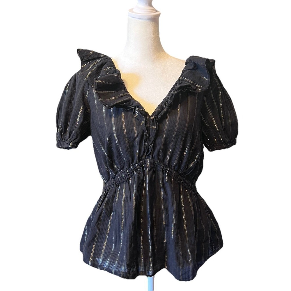 Michael Kors Black Gold Striped Peplum Babydoll Blouse Business Women's Medium